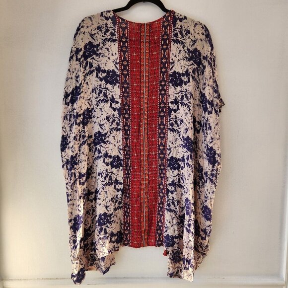 Angie Blue Red Floral Open Front Kimono Cardigan Boho Bohemians Women's S - Picture 2 of 5